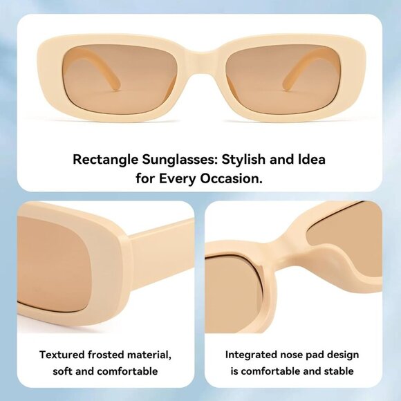 Trendy Rectangle Matte Beige Sunglasses Women Men Retro Square Fashion Shades - Picture 3 of 5